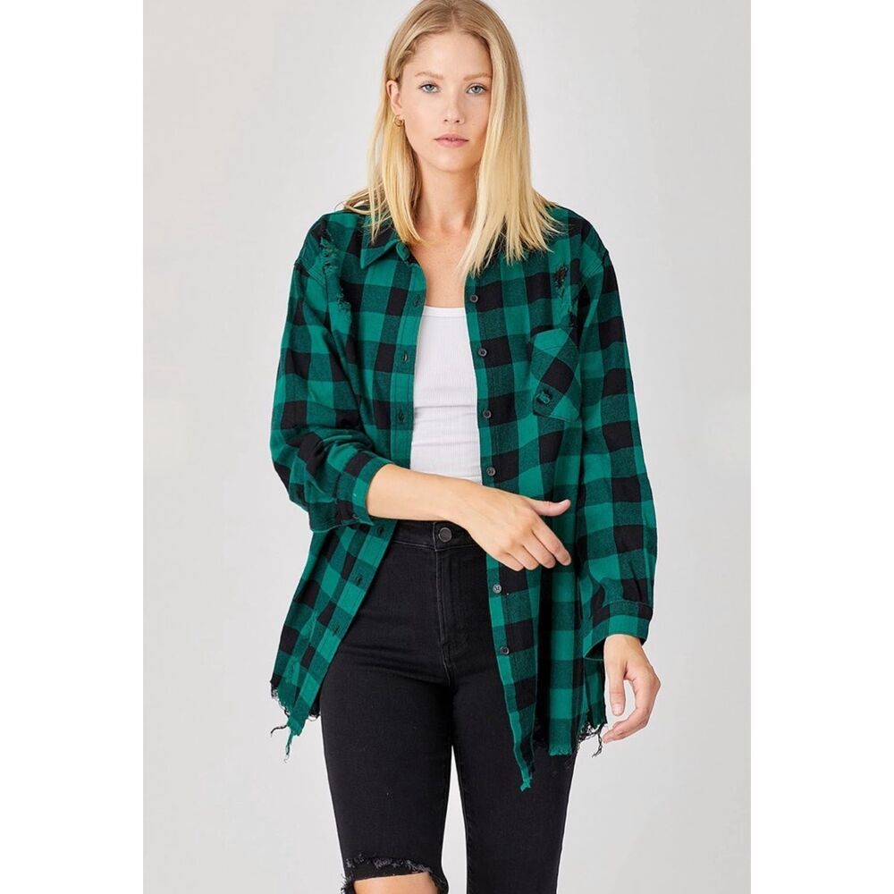 Risen Green Buffalo Plaid Oversized Distressed Cotton Button Down Long Shirt NWT